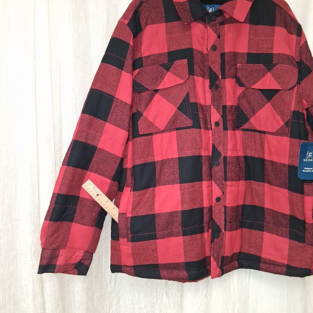 George Men's New Red and Black Checkered Shirt Jacket Long Sleeves Sz XL - Picture 8 of 16